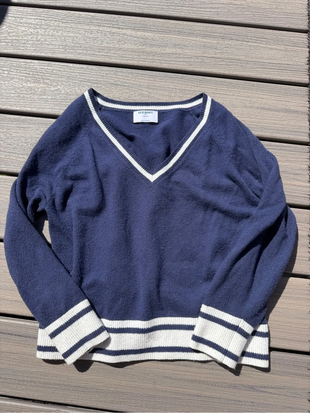 Old Navy Navy V‑Neck Sweater with Cream Stripe Trim